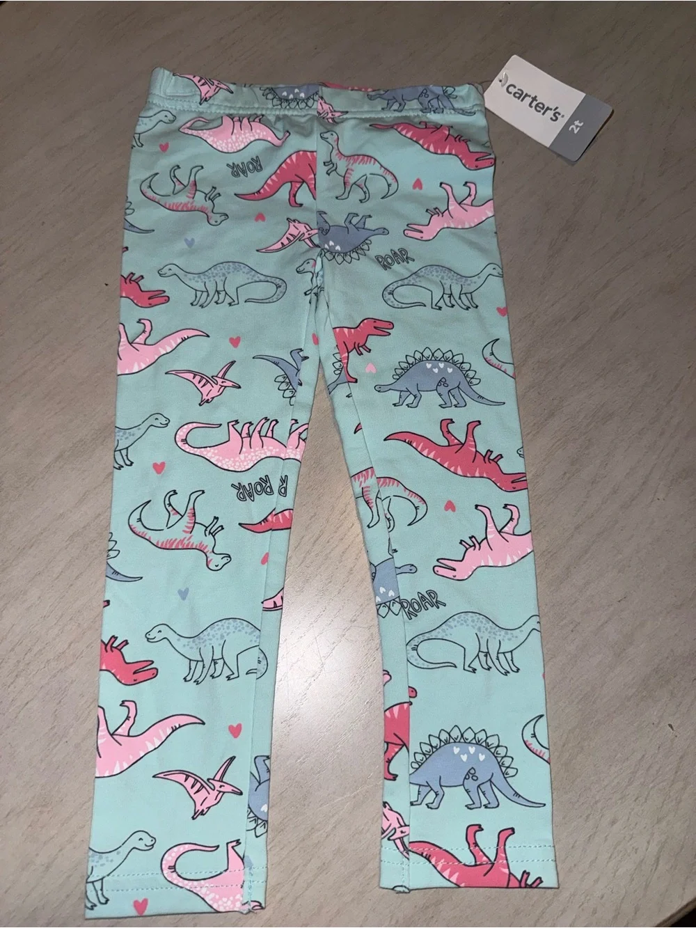 Kids-Carter's Mint Green Leggings with Pink and Blue Dinosaur Print